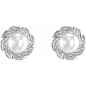 14K White Gold Cultured White Akoya Pearl Leaf Earrings