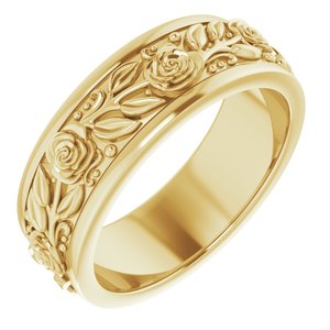 14K Yellow Gold 7 mm Floral Flat Band Size 8.5