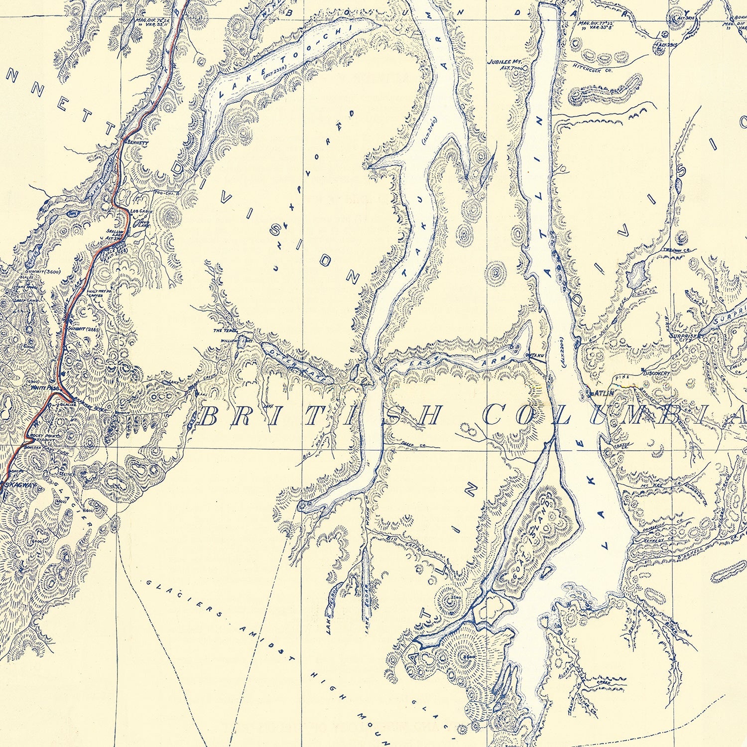 Vintage Map of Atlin Mining District, 1899