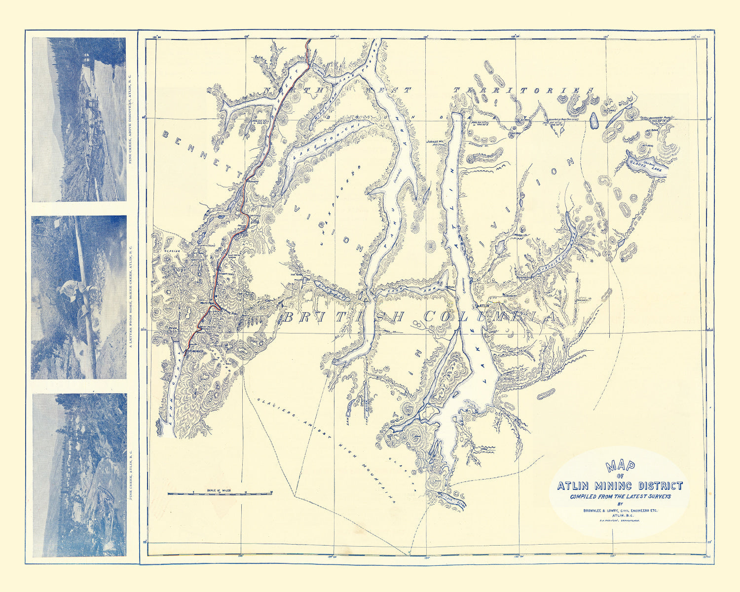 Vintage Map of Atlin Mining District, 1899
