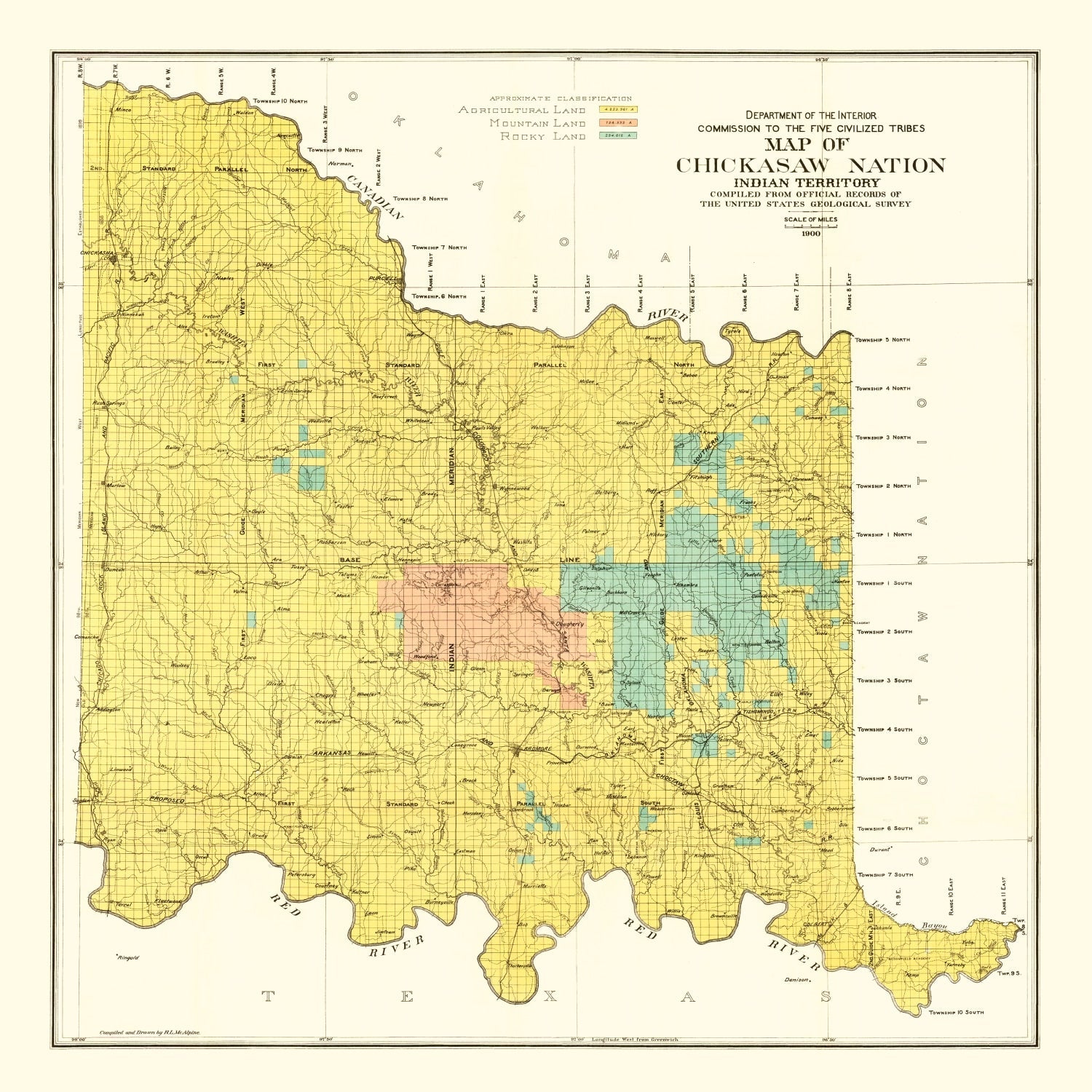Vintage Map of Chickasaw Nation, Indian Territory, 1900