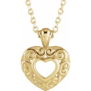 14K Yellow Gold 12.9x10.1 mm Pierced Heart 16-18" Necklace