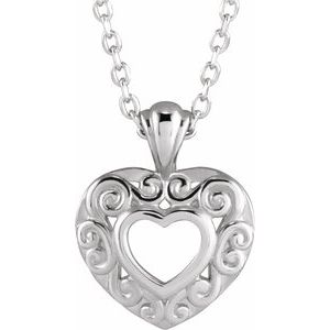 Platinum 12.9x10.1 mm Pierced Heart 16-18" Necklace