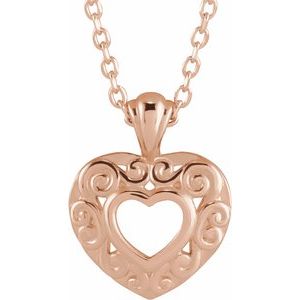 14K Rose Gold 12.9x10.1 mm Pierced Heart 16-18" Necklace