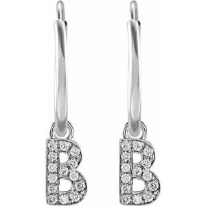 14K White Gold .05 CTW Natural Diamond Single Initial B Hoop Earring – image 2