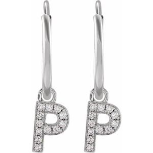 14K White Gold .04 CTW Natural Diamond Single Initial P Hoop Earring – image 2