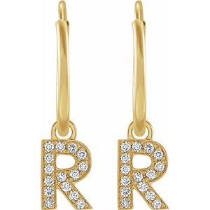 14K Yellow Gold .05 CTW Natural Diamond Single Initial R Hoop Earring – image 2