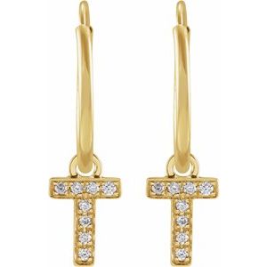 14K Yellow Gold .03 CTW Natural Diamond Single Initial T Hoop Earring