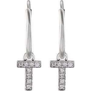 14K White Gold .03 CTW Natural Diamond Single Initial T Hoop Earring – image 2