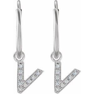 14K White Gold .03 CTW Natural Diamond Single Initial V Hoop Earring