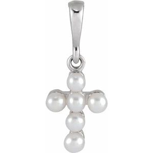 14K White Gold Cultured White Seed Pearl Youth Cross Pendant