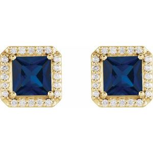 14K Yellow Gold 5x5 mm Lab-Grown Blue Sapphire 1/6 CTW Natural Diamond Halo-Style Earrings – image 2