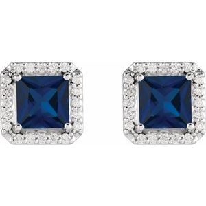 14K White Gold 5x5 mm Lab-Grown Blue Sapphire 1/6 CTW Natural Diamond Halo-Style Earrings – image 2
