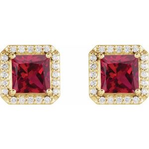 14K Yellow Gold 5x5 mm Lab-Grown Ruby 1/6 CTW Natural Diamond Halo-Style Earrings