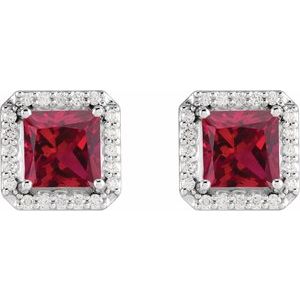 14K White Gold 5x5 mm Lab-Grown Ruby 1/6 CTW Natural Diamond Halo-Style Earrings – image 2