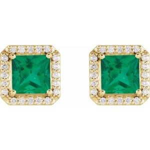 14K Yellow Gold 5x5 mm Lab-Grown Emerald 1/6 CTW Natural Diamond Halo-Style Earrings – image 2