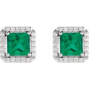 14K White Gold Lab-Grown Emerald & .08 CTW Natural Diamond Halo-Style Earrings – image 2