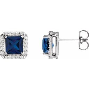 14K White Gold 5x5 mm Lab-Grown Blue Sapphire 1/6 CTW Natural Diamond Halo-Style Earrings