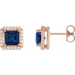 14K Rose Gold 5x5 mm Lab-Grown Blue Sapphire 1/6 CTW Natural Diamond Halo-Style Earrings