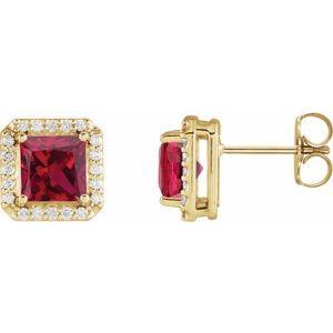 14K Yellow Gold 5x5 mm Lab-Grown Ruby 1/6 CTW Natural Diamond Halo-Style Earrings