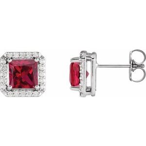 14K White Gold 5x5 mm Lab-Grown Ruby 1/6 CTW Natural Diamond Halo-Style Earrings