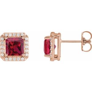 14K Rose Gold 5x5 mm Lab-Grown Ruby 1/6 CTW Natural Diamond Halo-Style Earrings