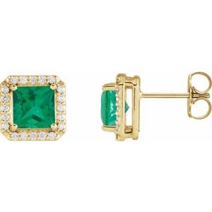 14K Yellow Gold Lab-Grown Emerald & .08 CTW Natural Diamond Halo-Style Earrings