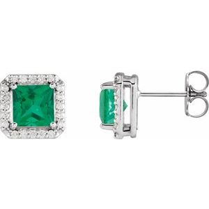 14K White Gold 5x5 mm Lab-Grown Emerald 1/6 CTW Natural Diamond Halo-Style Earrings