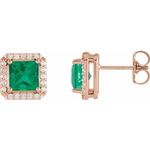 14K Rose Gold 5x5 mm Lab-Grown Emerald 1/6 CTW Natural Diamond Halo-Style Earrings