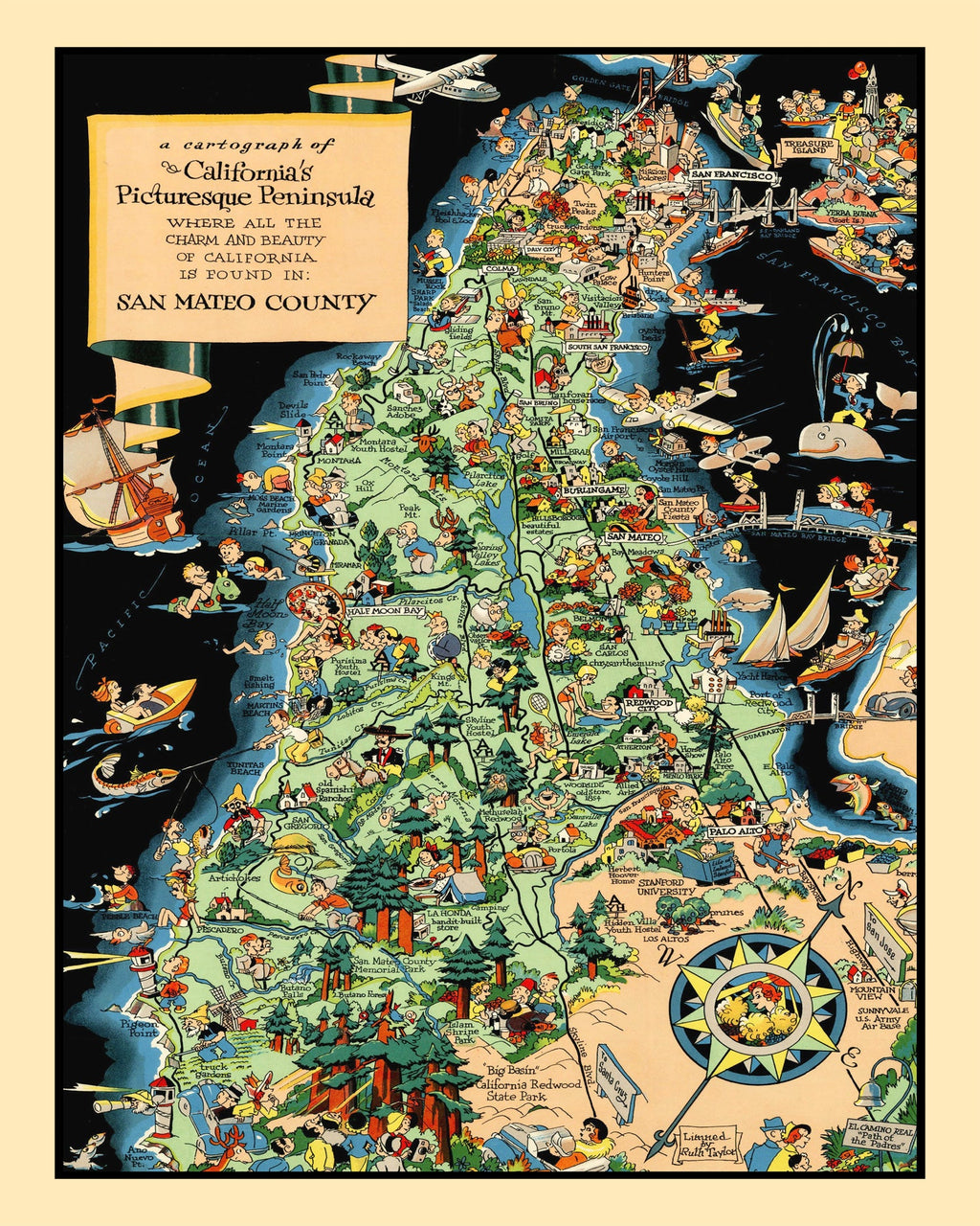 Vintage Map of San Mateo County, California 1930