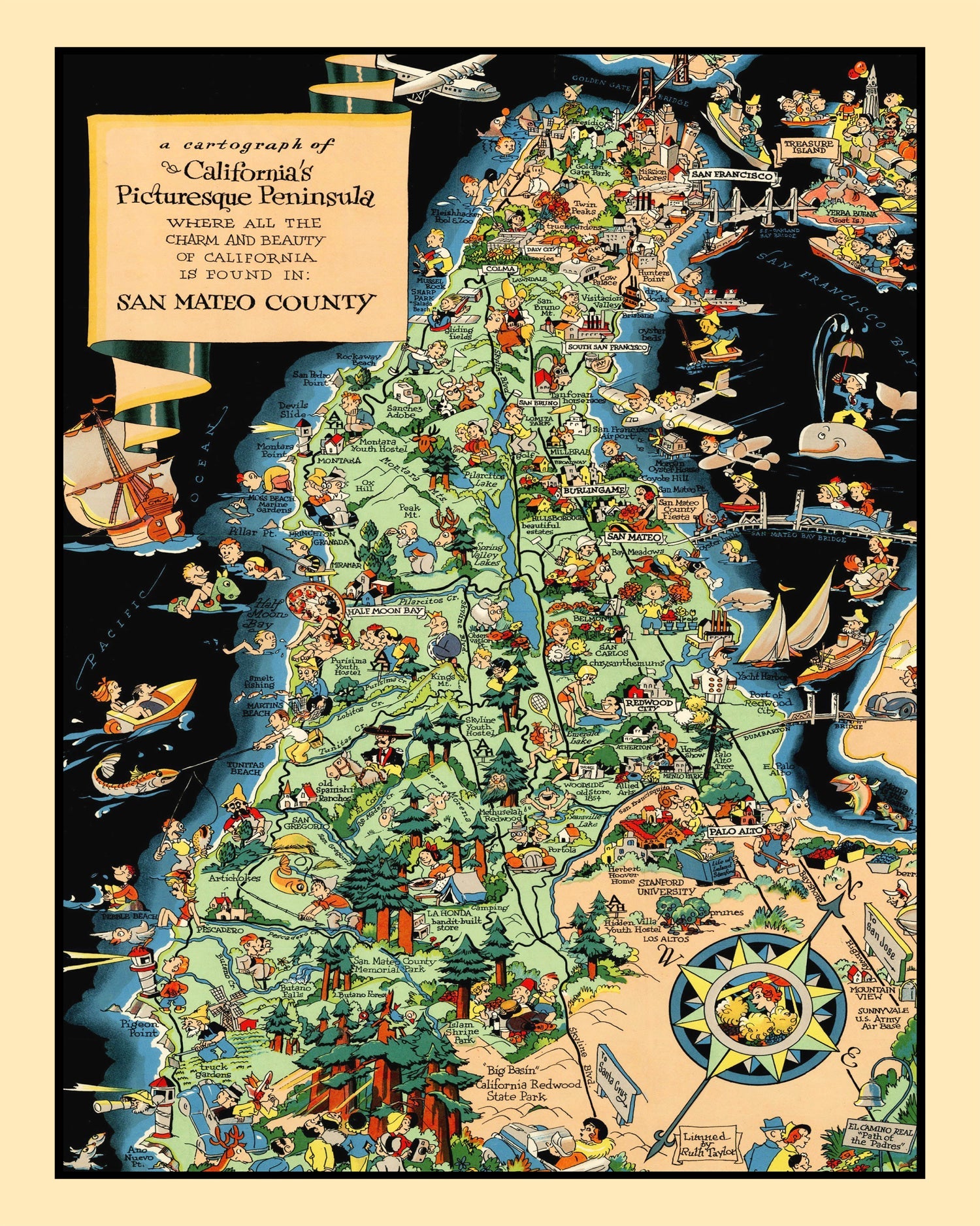 Vintage Map of San Mateo County, California 1930