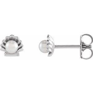 Sterling Silver Cultured White Seed Pearl Shell Earrings