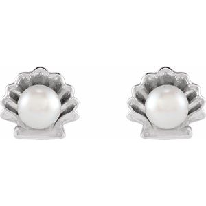 14K White Gold Cultured White Seed Pearl Shell Earrings