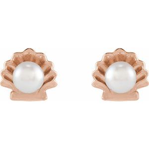 14K Rose Gold Cultured White Seed Pearl Shell Earrings