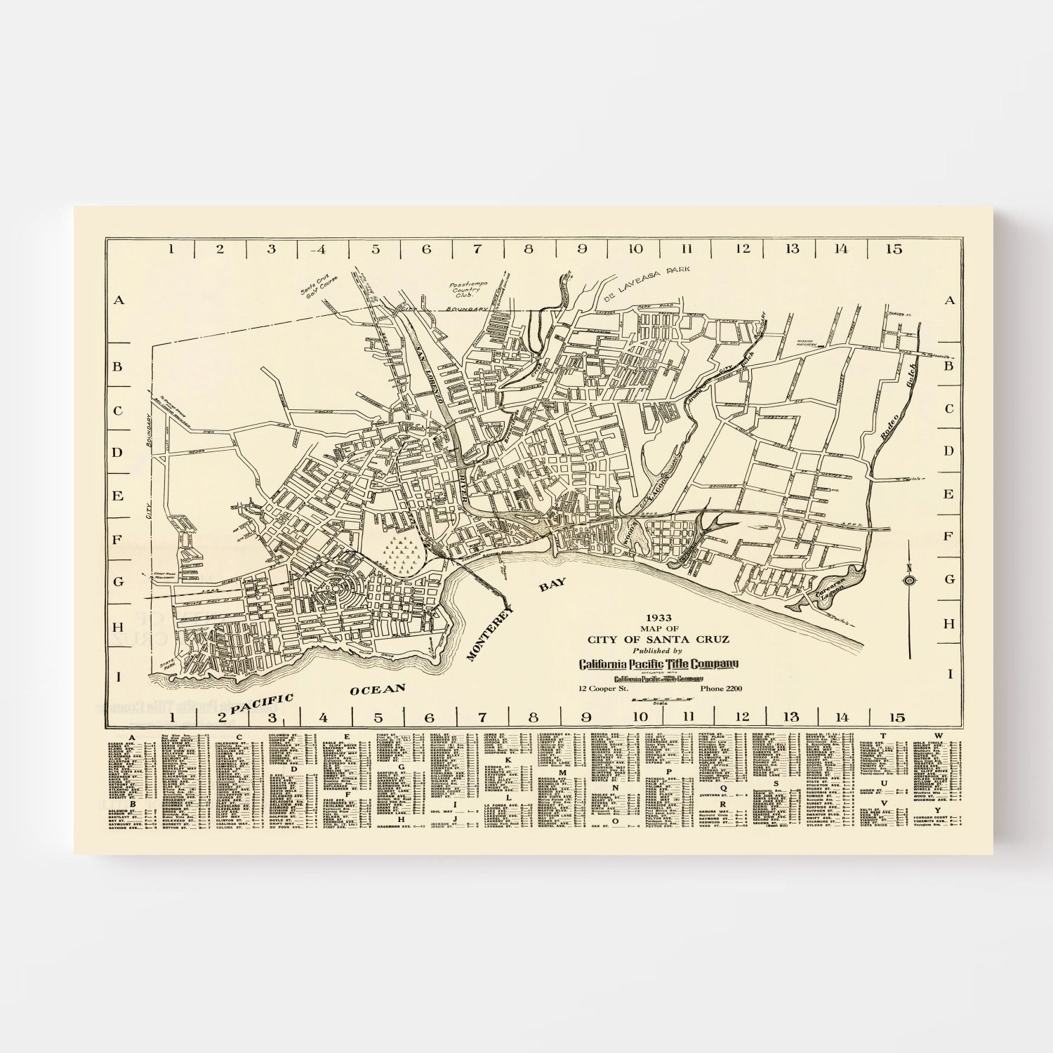 Vintage Map of Santa Cruz, California 1933