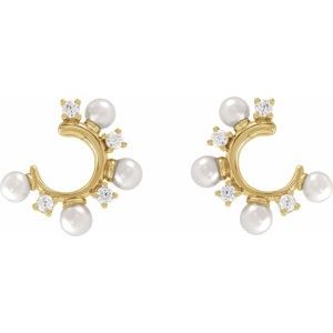 14K Yellow Gold Cultured White Freshwater Pearl & 1/3 CTW Natural Diamond Hoop Earrings