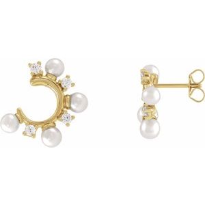 14K Yellow Gold Cultured White Freshwater Pearl & 1/3 CTW Natural Diamond Hoop Earrings