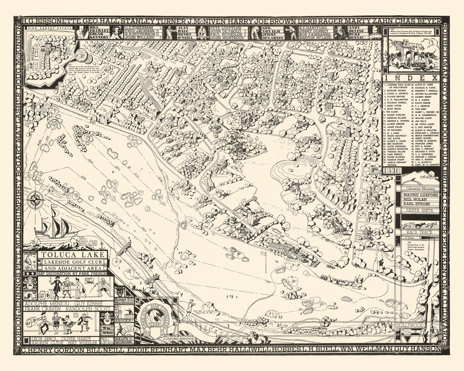 Vintage Map of Toluca Lake Lakeside Golf Club, 1936