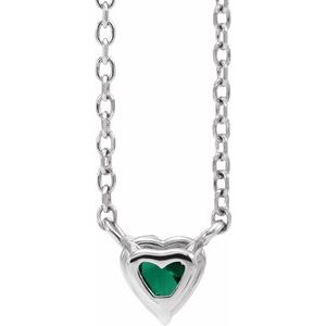 14K White Gold Lab-Grown Emerald Heart 16-18" Necklace