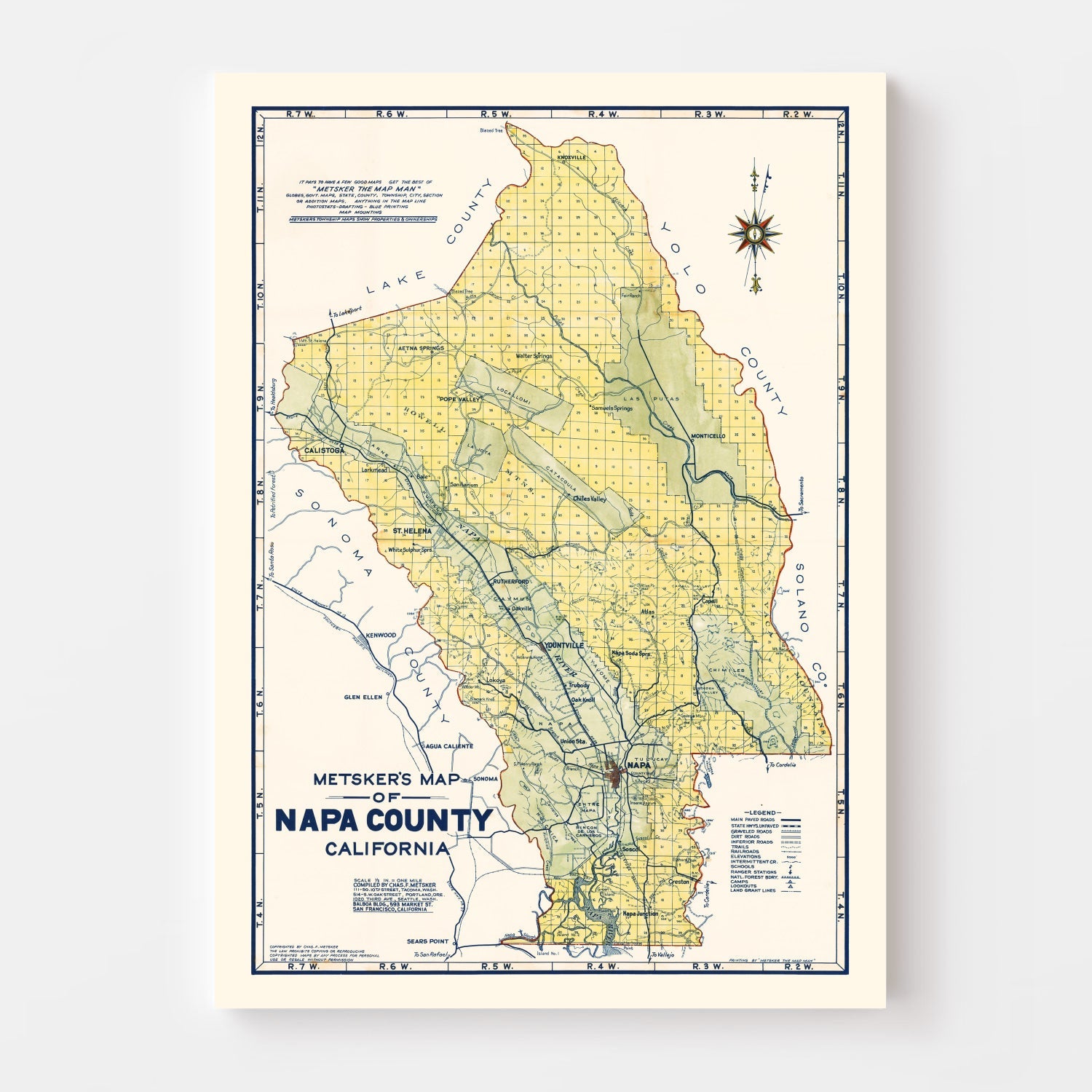 Vintage Map of Napa County, California 1940