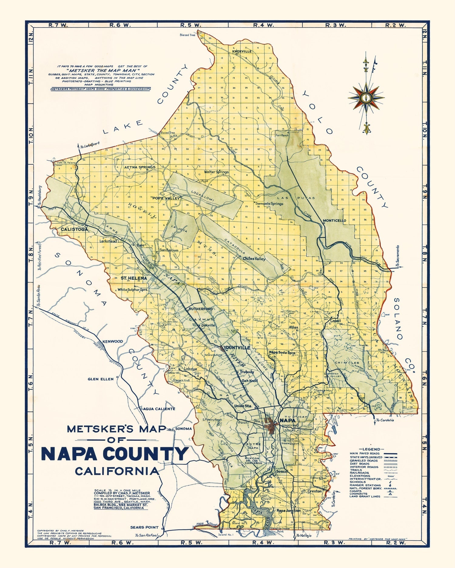 Vintage Map of Napa County, California 1940