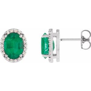 14K White Gold 6x4 mm Lab-Grown Emerald & .06 CTW Natural Diamond Halo-Style Earrings