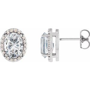 Sterling Silver 5x3 mm Lab-Grown Moissanite & .04 CTW Natural Diamond Halo-Style Earrings