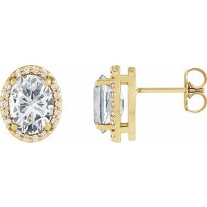 14K Yellow Gold 5x3 mm Lab-Grown Moissanite & .04 CTW Natural Diamond Halo-Style Earrings