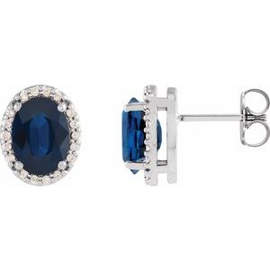 14K White Gold 6x4 mm Lab-Grown Blue Sapphire & .06 CTW Natural Diamond Halo-Style Earrings