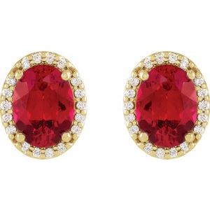14K Yellow Gold 5x3 mm Lab-Grown Ruby & .04 CTW Natural Diamond Halo-Style Earrings