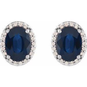 14K White Gold 6x4 mm Lab-Grown Blue Sapphire & .06 CTW Natural Diamond Halo-Style Earrings