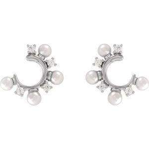 14K White Gold Cultured White Freshwater Pearl & 1/3 CTW Natural Diamond Hoop Earrings