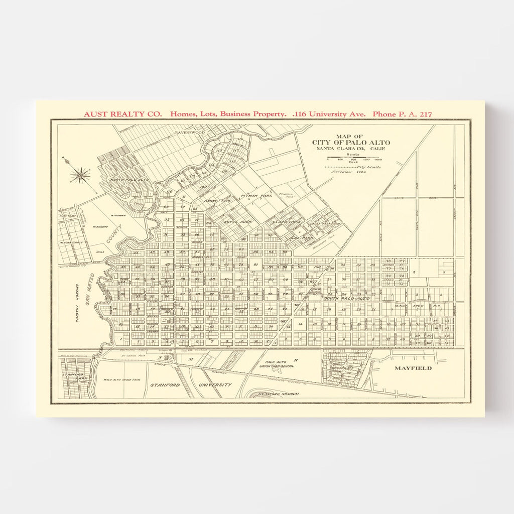 Vintage Map of Palo Alto, California 1924