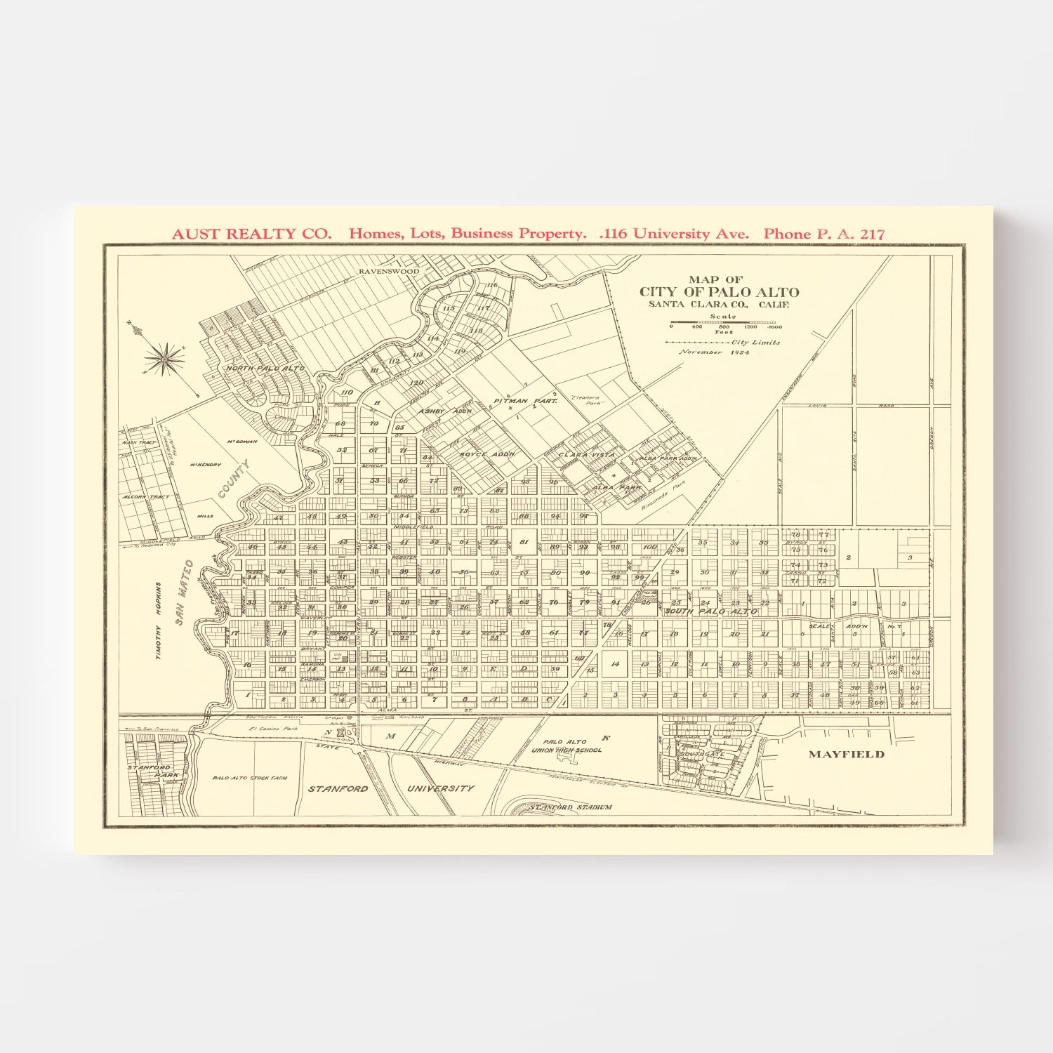 Vintage Map of Palo Alto, California 1924